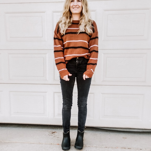 Knit Striped Long Sleeve Crewneck Sweater Trendy - Picture 2 of 3